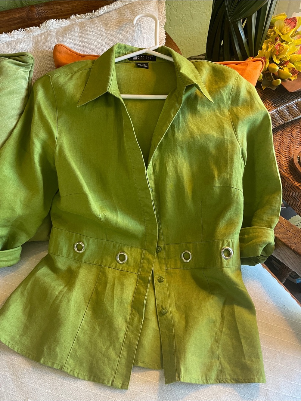 Carole Little Lime Green Button-Front Blazer with Eyelet Waist